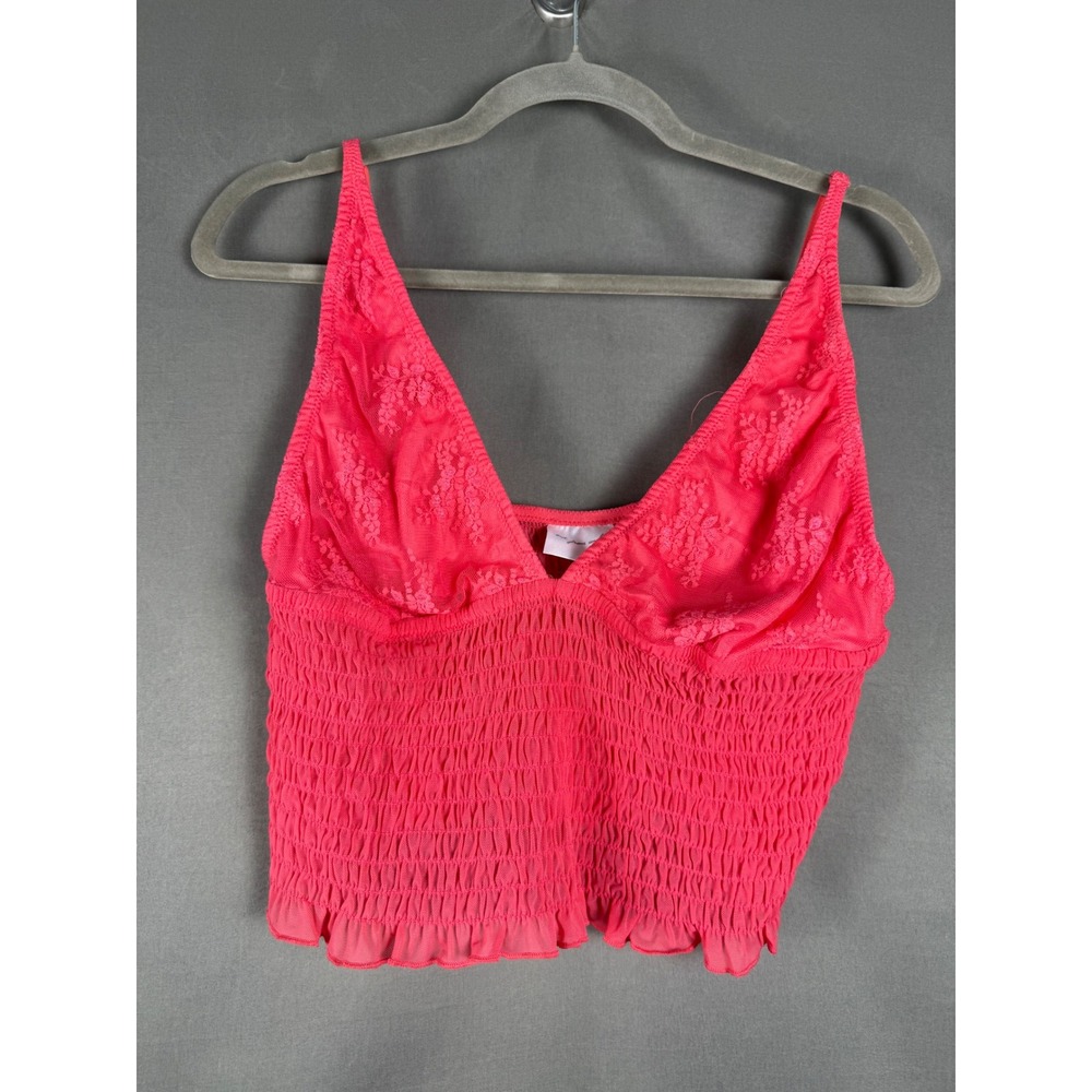 Out From Under Cami Top Womens XL Pink Smocked Lace Ruffle Crop V-Neck Camisole